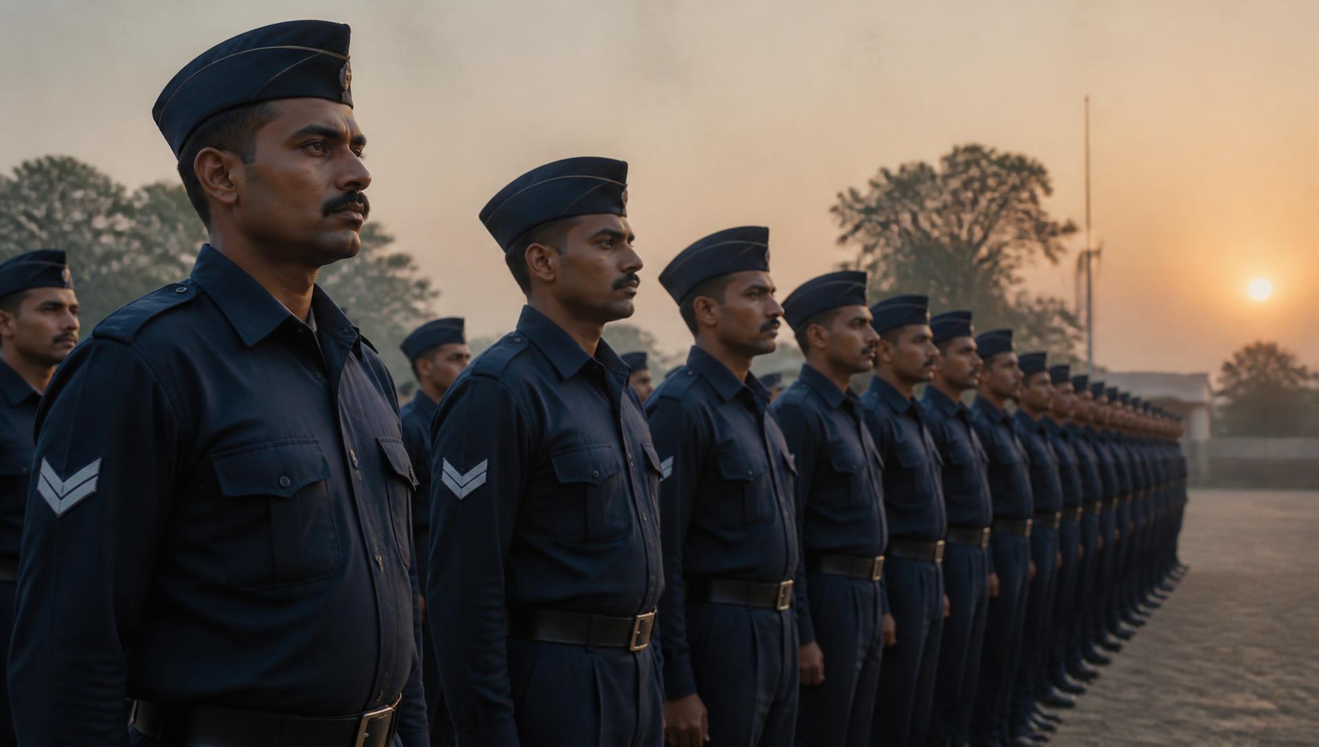 Bharathi security personnel standing in formal formation at dawn